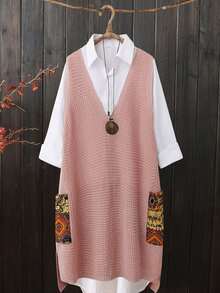 Plus Size V-Neck Random Print Pocket Knitted Sweater Dress Casual Pink - Pink - View 2