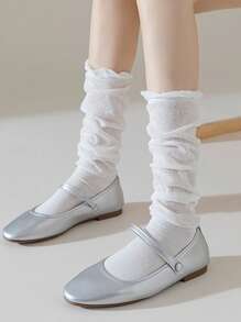 1 Pair Women's White Lace Patchwork Thigh High Socks, Pairs Well With Decorative Tall Boots, Vintage Elegant Style - White - View 3