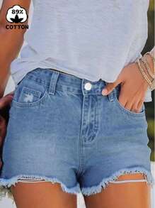 Women Asymmetrical Raw Hem High Waist Denim Shorts, Casual Street Style For Spring And Summer Vacation - Light Wash - View 4