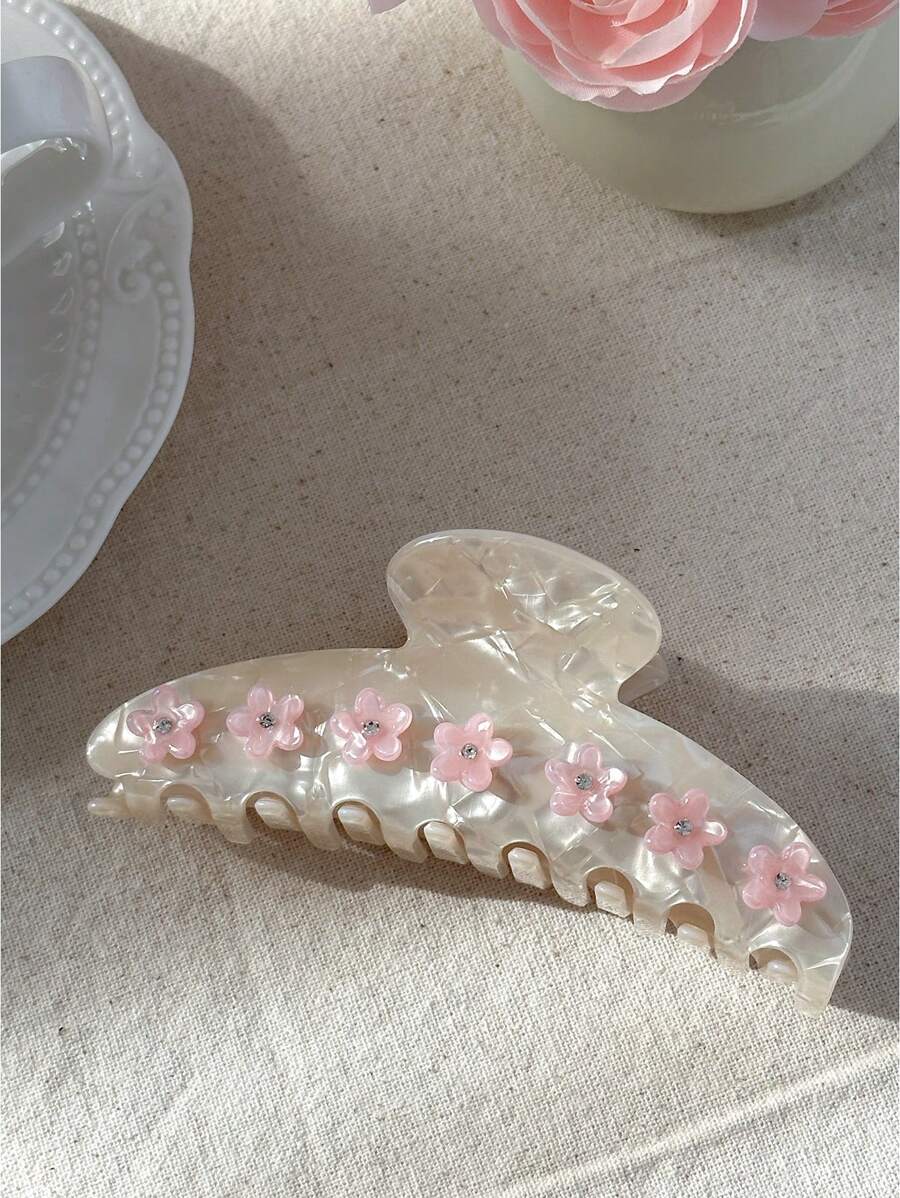 OUSEON 米色发夹，饰有3D粉色花朵水钻，优雅闪亮的发爪夹，适合女性和女孩，复古婚礼派对日常发饰礼品，发夹，发卡，发夹，发抓夹，发夹，抓发夹，秋冬花朵发夹，适合度假装扮，夏季女士 - 彩色 - 查看 1