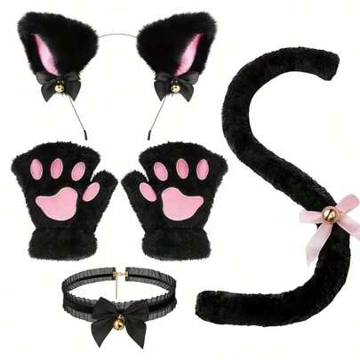 Halloween Cat Cosplay Props Include Cat Ear Headband, Cat Claw Gloves, Cat Tail Accessories Set
