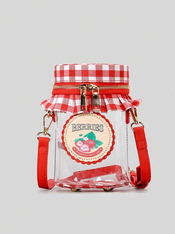Cute Novelty Strawberry Jam Jar Round Shoulder Crossbody Bag Pleated Color Clash Tote Female