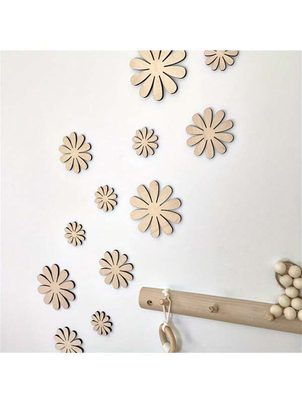 12pcs Wood Grain Daisy Flower Wall Decal Sticker Set, Self-Adhesive Decor For Nursery, Kids Room, Nordic Style