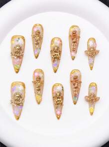 10 pezzi Set di unghie finte estive e primaverili fatte a mano, con fiori 3D e decorazioni di angeli, linee di arte, unghie a stiletto lunghe, con punte french lucide, accessori per manicure, design per unghie goth, unghie cromate, adatte per donne, ragazze e madri
