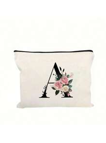 1pc Letter A-Z Flower Print Makeup Bag, Gift For Girls, Cute Retro Simple Fashion Letter Pattern Printed Bag Storage Bag,Cosmetic Pouch For Small Items Storage,Storage Bag, Makeup Storage Bag, Toiletry Bag, Clutch Bag, Lightweight Foldable Storage Bag, Simple Shopping Bag, Teacher Gift Clutch Bag,Storage For Nurses, Doctors, Teachers Bag, Suitable For Personal Travel Cosmetics Storage