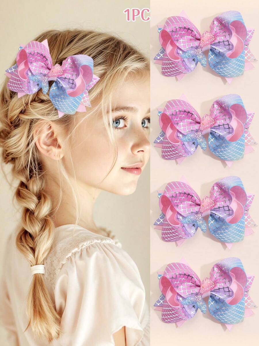1 件美人鱼尾巴装饰发饰蝴蝶结渐变色蝴蝶结发夹适合幼儿女孩海洋海滩度假蝴蝶结发夹，儿童发饰 - 彩色 - 查看 1