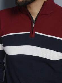 Men's Knitted Sweater High Neck Zipper Autumn Cold Weather Top - 酒紅色 - 查看 7