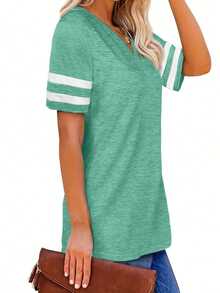 Camiseta casual de talla grande con cuello en V y rayas para el verano - Verde - Ver 3