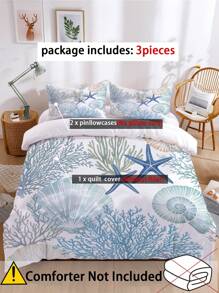 3件套创意时尚海洋珊瑚印花被套套装（1个被套+2个枕套，不含被芯），饰有海星和珊瑚印花，柔软亲肤，缓解视觉疲劳，四季皆宜，拉链封口，适用于酒店、卧室、客房和宿舍，低致敏性，易于打理，时尚轻盈，透气性好，现代简约风格，海洋主题 - 彩色 - 查看 4