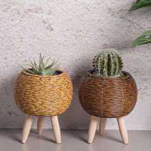 1PC Vintage Imitation Rattan Woven Flower Shelf Planters Handmade Storage Basket With Removable Wooden Legs Plant Pot Stand Holder