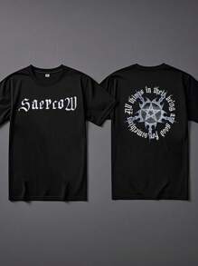 EWH Gothic Style Saercow Double-Sided Printed T-Shirt! Star Pattern+English Surround Graphic Streetwear StyleSM01 - 黑色 - 查看 1