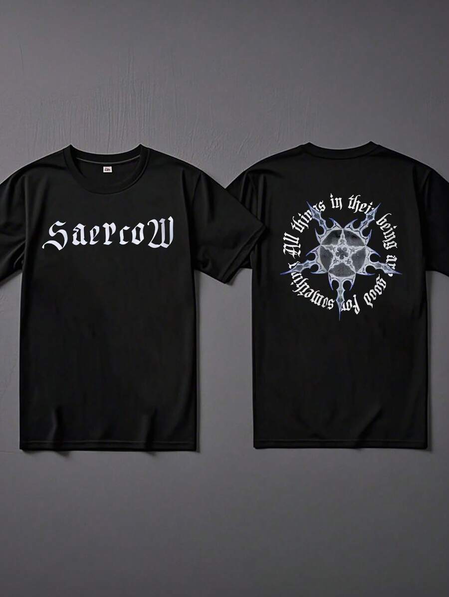 EWH Gothic Style Saercow Double-Sided Printed T-Shirt! Star Pattern+English Surround Graphic Streetwear StyleSM01 - 黑色 - 查看 1