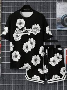 Conjunto casual de camiseta de manga corta con cuello redondo y estampado de letras y flores talla grande talla para hombres, con pantalón corto de cintura con cordón