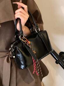 Túi xách tay PU mềm màu trơn mới thời trang thu đông, túi tote quà tặng ngày lễ và hàng ngày phong cách cổ điển dành cho nữ - màu đen - Xem 6