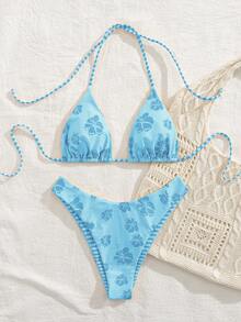 PEPPERMOLLY 新款柔软印花挂脖系带比基尼套装，优雅性感的女士沙滩装，夏季海滩时尚泳装度假装 - 藍色 - 查看 4