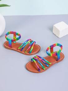 Mädchen bunte Riemchen Elastic Lässig Sandalen, flache rutschfeste Sommer neue Mode Farbblocking Strandlatschen, weich und bequem