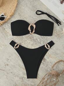 New Solid Color Bandeau With Detachable Straps & Metal Decor, 2 Pieces Bikini Set - Black - View 1