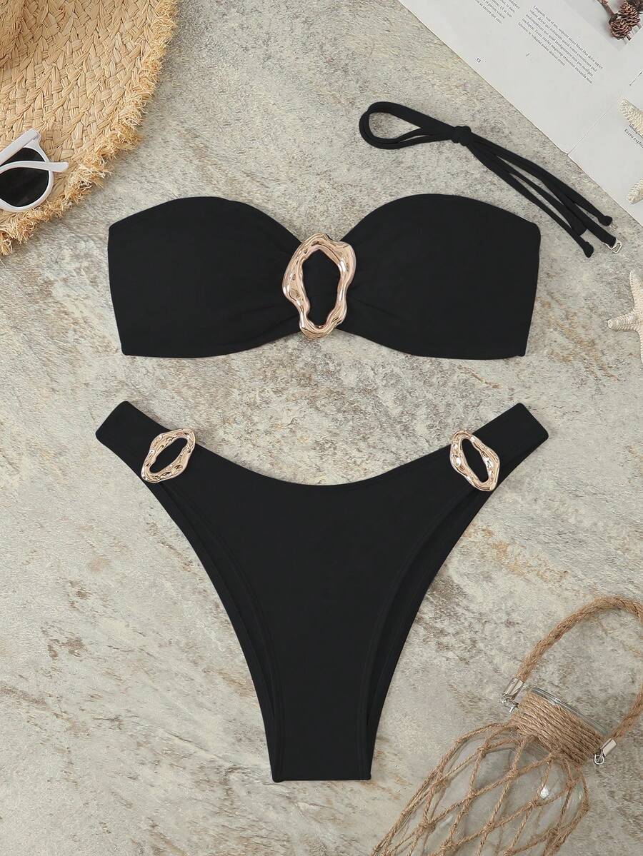 New Solid Color Bandeau With Detachable Straps & Metal Decor, 2 Pieces Bikini Set - Black - View 1