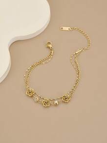 1 件复古风格玫瑰花水钻和串珠双层链条不锈钢优雅奢华女士手链和脚链 - 金黃色 - 查看 2