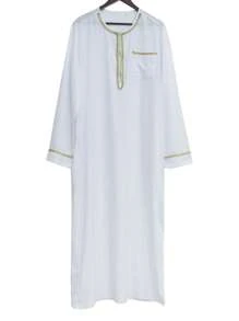 男式长袖拼布缎带半襟衬衫 - 白色 - 查看 6