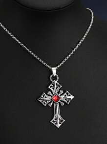 1pc Retro Hip-Hop Punk Style Diamond-Shape Crystal Cross Pendant Titanium Steel Chain Necklace, Stylish Sweater Chain - Multicolor - View 8