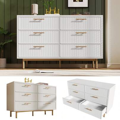 Flieks Sideboard Cabinet For Living Room, Chest Of Drawers With 6 Drawers, White, 40D X 120W X 75H CM