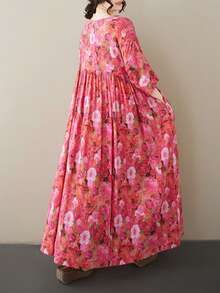 AZAH 2026 大码碎花长裙，V 领 A 字梭织面料，母亲节优雅之选 - 紅色 - 查看 6