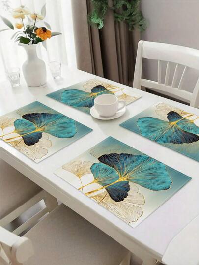 4 件装银杏叶餐垫，12x18 英寸，涤纶编织矩形桌垫，带有简单独特的蓝色、白色和金色银杏叶印花，可机洗，适合家庭聚会、派对、节日装饰、餐桌装饰，四季皆宜
