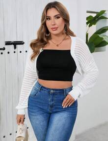 GoyRrbay Women's Plus Size Hollow Shrug Top V Neck Long Sleeve Knit Crop Cardigan - trắng - Xem 2