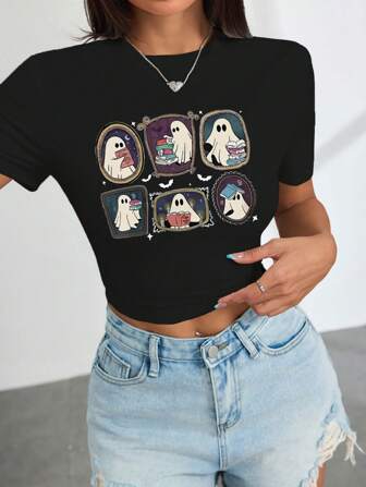 女士鬼魂印花短袖短款 T 恤，适合夏季、万圣节