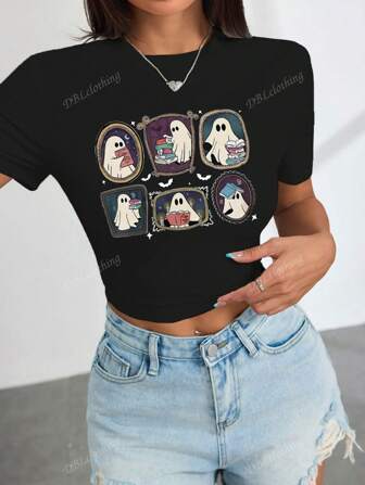 Women's Ghost Print Short Sleeve Cropped T-Shirt, Suitable For Summer, Halloween