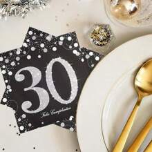 20/40 件黑色和银色波尔卡圆点 30 岁生日快乐派对餐巾，黑色主题 30 种图案派对餐巾，适合生日派对、家庭聚会、野餐派对