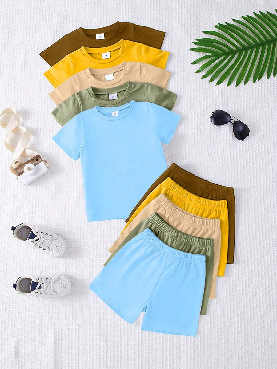 Bộ 10 món/Bộ áo thun tay ngắn và quần short vải dệt kim mềm nhẹ màu trơn thường ngày cho bé trai, thích hợp mặc ngoài trời, mùa xuân/hè - Nhiều màu - Xem 1