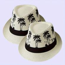 夏季树木印花卷边草编纯色渔夫帽圆顶礼帽男士时尚休闲英伦镂空爵士帽户外运动骑行旅行透气太阳帽 - 樹葉草帽 - 查看 13