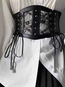 1 pieza Corselete elástico negro de encaje y malla sexy, adecuado para festivales, reuniones y fiestas. Corselete femenino para vestidos, entrenador de cintura para estilizar la cintura y controlar el abdomen.