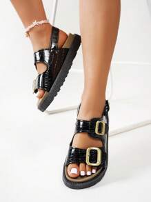 Sandal kiểu retro mới mùa hè, quai cài đôi, đế bằng, hở ngón, đế dày, chống trơn trượt, thoải mái, giày nữ, phụ kiện du lịch thiết yếu. - màu đen - Xem 3