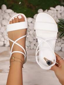 女士加大码优雅舒适条纹丁字裤海滩度假平底凉鞋，夏季 - 白色 - 查看 1