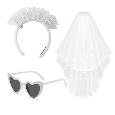 3pcs/Set, Bachelorette Party Bride To Be Decorations Kit, Bridal Shower Decorations, Sash For Bride, White Heart Glasses, Veil, Wedding Decorations, Wedding Supplies, Cool Decor, Weird Stuff, Scene Decor,Photobooth Props