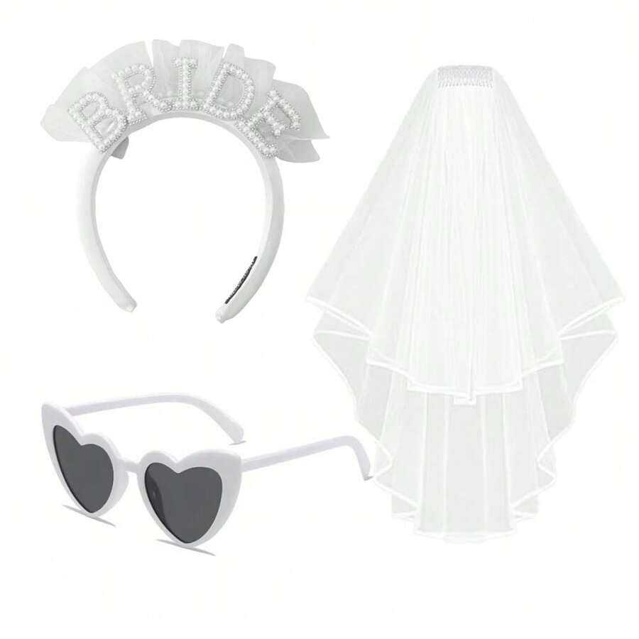 3件套单身派对准新娘装饰套装，新娘送礼会礼物，新娘绶带，白色心形眼镜，头纱，婚礼装饰，婚礼用品，装饰品，新奇物品，场景装饰，拍照道具 - 普通眼鏡髮箍頭紗 - 查看 1