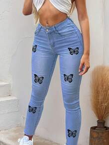 Women's Mid-Rise Skinny Jeans With Butterfly Prints, Casual And Avant-Garde, Suitable For Daily Life, Shopping, Parties, Music Festivals,Pantalón Jean Mujer,Women Clothes,Jeans Para Mujer,Pantalones De Mujer Jean,Ropa De Mujer,Tall Jeans Women,Y2k Clothes,Going Out Outfits,Holiday Outfits For Women,Vacation Outfits Women,Club Outfits For Women,New Years Outfit Women,Holiday Outfits For Women - Màu xanh nhạt - Xem 3