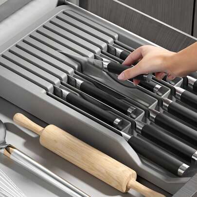 1pc Multifunctional Kitchen Knife Organizer Rack, Separating & Storage Holder With Draining Tray