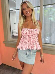 Boho Floral Cami Tops For Women Shirred Spaghetti Straps Pleated Layered Ruffle Tank Tops Summer Casual Sleeveless Shirts Vest Party Clubwear Tops Holiday Beachwear Blouses - Hồng - Xem 2