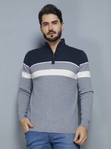 Men's Knitted Sweater High Neck Zipper Autumn Cold Weather Top - 淺灰色 - 查看 3