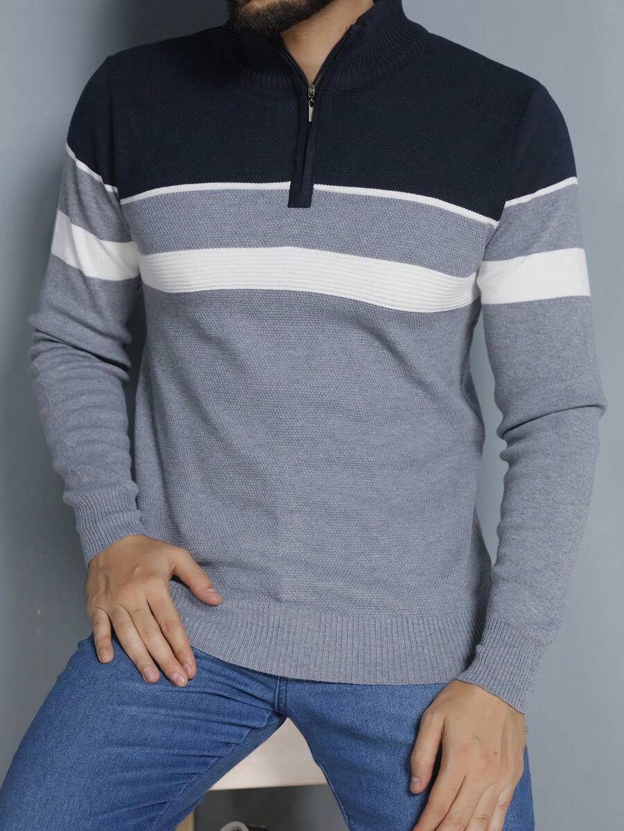 Men's Knitted Sweater Round Neck Autumn Winter Cold Weather Top - 淺灰色 - 查看 1