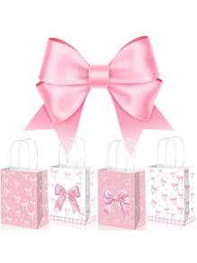 5/10pcs Pink Bow Gift Bags, Paper Bags With Handles For Women, Party, Candy, Birthday, Christmas, Wedding, Engagement,Birthday,Bride,Wedding
