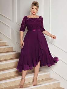 Plus Boat Neck Floral Lace Contrast Chiffon Ruffle Hem Cocktail Party Swing Dress - Maroon - View 4