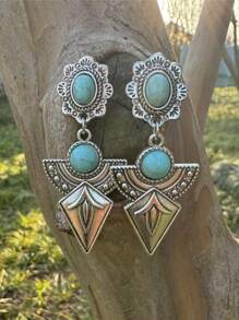 1 Pair Vintage Boho Western Style Turquoise Arrow Drop Earrings For Women - Antique Silver - View 3