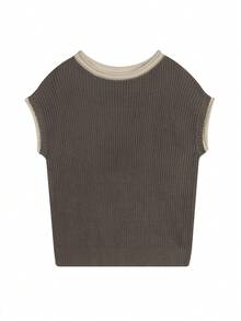 Women's Contrast Trim Casual Contrast Patchwork Batwing Sleeve Knit Top, Short Sleeve Knit Sweater, Sleeveless Tank Top, Summer Top, Spring Clothing, Loose Camisole, T-Shirt - Coffee Brown - View 7