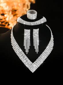 5pcs Luxury Rhinestone Jewelry Set: Necklace, Earrings, Bracelet, And Ring, Suitable For Women's Daily Commute, Wedding, Party, Holiday Gift (Bracelet Or Ring Can Be Purchased Separately) - Exquisite Necklace Set - View 10