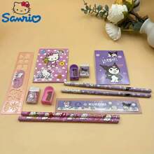 Sanrio Set de 5 piezas/3 piezas de artículos de papelería y regalo con diseños de dibujos animados lindos de Sanrio - Incluye cuaderno, lápiz, regla, sacapuntas y borrador, con Kuromi, Melody, Cinnamoroll. Regalo perfecto para cumpleaños, Navidad o vuelta al colegio (Set de 5/3/1, color y estilo enviados al azar)